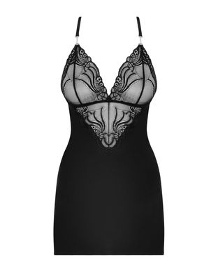 Сатиновый комплект для сна с кружевом Obsessive 828-CHE-1 chemise & thong S/M, черный, сорочка, стри SO7171 фото