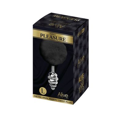 Металлическая анальная пробка Кроличий хвостик Alive Fluffy Twist Plug L Black, диаметр 3,8 см SO6311 фото