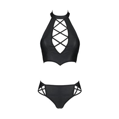 Комплект з еко-шкіри Nancy Bikini black L/XL - Passion, бра та трусики з імітацією шнурівки SO5367 фото